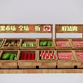 Fresh Fruits and Pork Display at Market with 20 Percent Discount in Wooden Crates