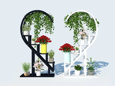 Curved Metal Garden Ornaments Black White With Potted Plants Hanging Vines Red Flowers 3d model