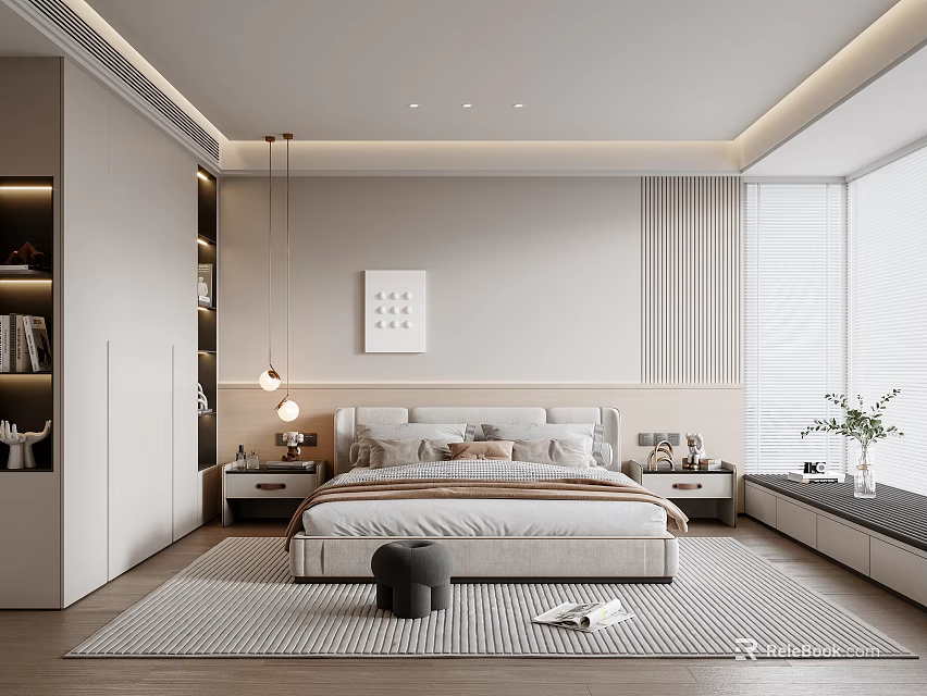 Modern Bedroom Interior Design With Platform Bed Nightstands Area Rug And Large Window 3d model 