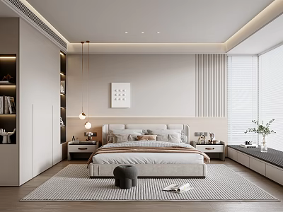 Modern Bedroom Interior Design With Platform Bed Nightstands Area Rug And Large Window 3d model
