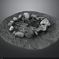 Plant Branches in Circular Stone Fire Pit with Ash and Dirt Ground 3d model