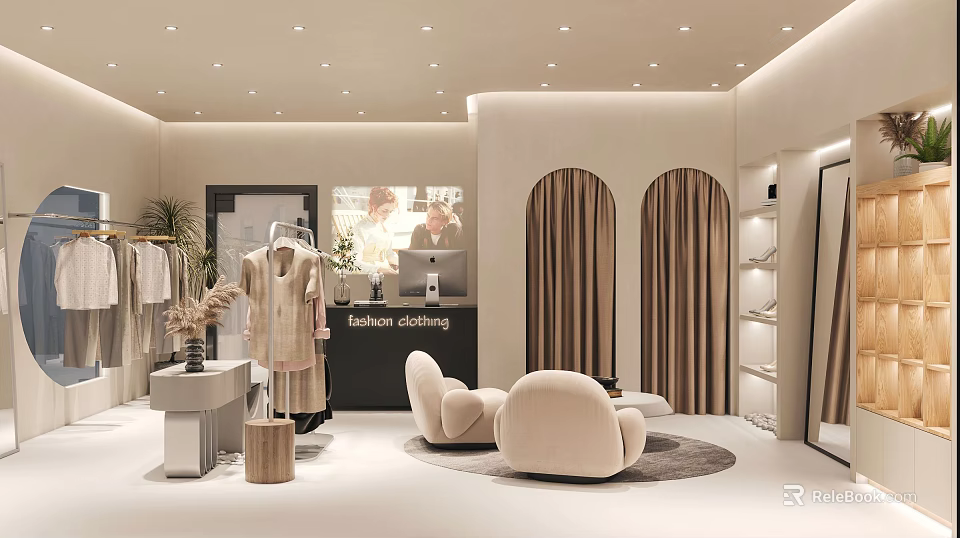 Modern Clothing Store Interior Design With Fashion Apparel Displays And Cozy Seating 3d model 