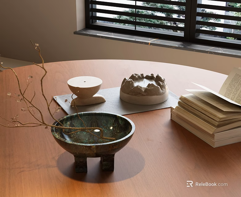 Decorative Ornament Combination With Bowl Candle Holder Mountain Decor Twigs And Books On Wooden Table 3d model 