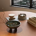 Decorative Ornament Combination With Bowl Candle Holder Mountain Decor Twigs And Books On Wooden Table