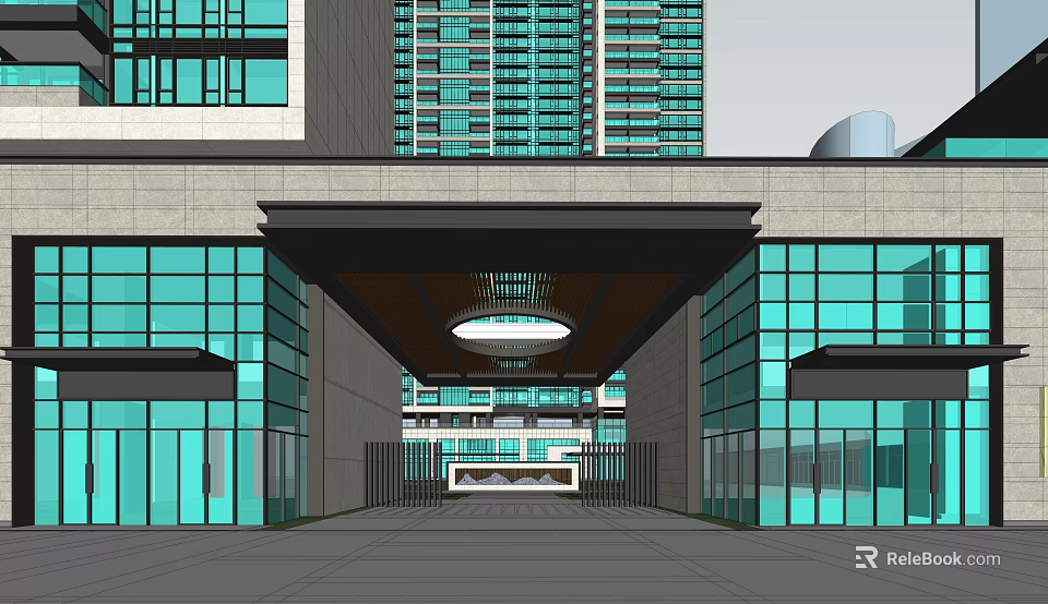 Modern Entrance Gate Design With Glass Facade Overhead Canopy And High Rise Buildings Background 3d model 