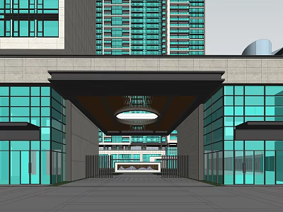 Modern Entrance Gate Design With Glass Facade Overhead Canopy And High Rise Buildings Background 3d model