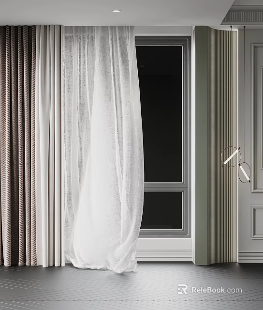White Sheer and Brown Curtains for Window and Door in Modern Interior 3d model 