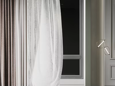 White Sheer and Brown Curtains for Window and Door in Modern Interior 3d model