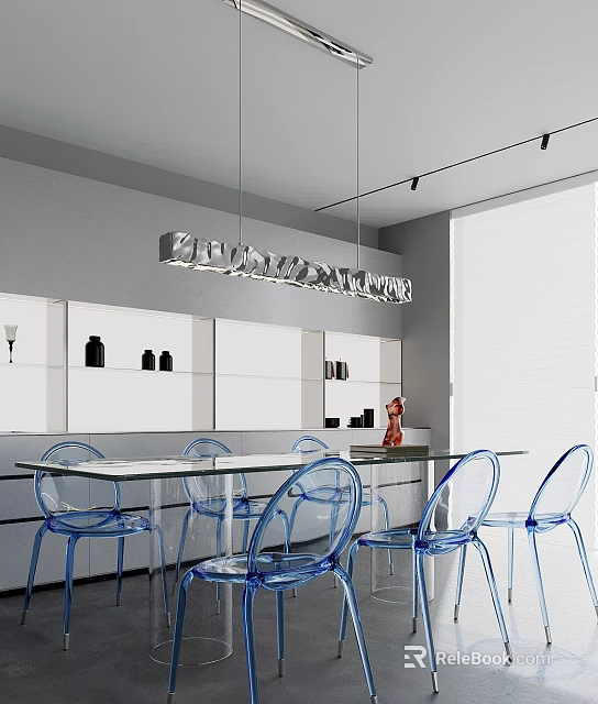 Modern Restaurant Interior With Blue Chairs Glass Top Table White Cabinets And Silver Pendant Light 3d model 