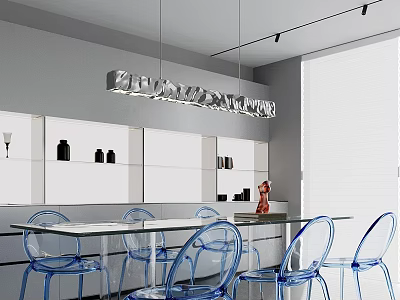 Modern Restaurant Interior With Blue Chairs Glass Top Table White Cabinets And Silver Pendant Light 3d model