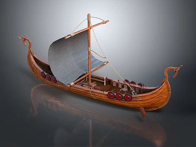 Traditional Wooden Boat With Gray Sail Carved Dragon Head And Red Round Seats 3d model