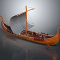 Traditional Wooden Boat With Gray Sail Carved Dragon Head And Red Round Seats