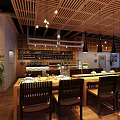 Modern Restaurant Interior Featuring Long Tables Black Chairs Wooden Floors Pendant Lights And Open Kitchen