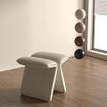Modern White Upholstered Stool on Wooden Floor with Light Wall Round Decor and Window Blind