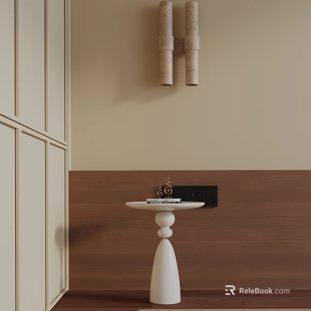 White Modern Side Table With Unique Base And Books On Light Beige Wooden Panel Interior 3d model 