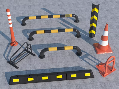 Public Facility Traffic Safety Equipment With Orange White Cones Black Yellow Barriers And Bollards 3d model