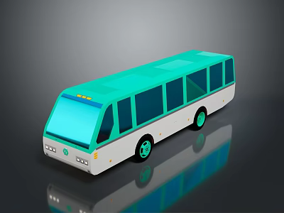 Turquoise Modern Bus With Large Windows And Green Wheels On Reflective Surface 3d model