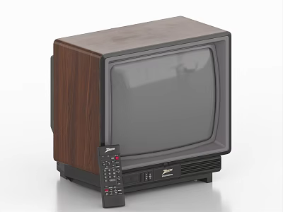 Antique Style Vintage CRT Television with Brown Wooden Cabinet and Remote Control 3d model