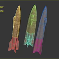 Three Shiny Golden Rocket Models With White Bases On Dark Background
