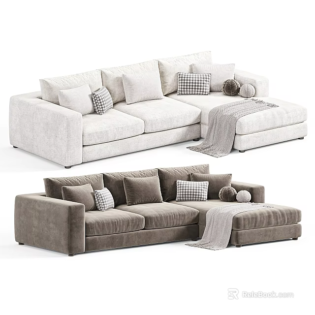 Stylish Sectional Sofa with Plush Pillows and Throw Blanket in Neutral Tones 3d model 