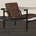 Modern Brown Leather Accent Chair With Black Metal Frame Curved Armrests And Side Table