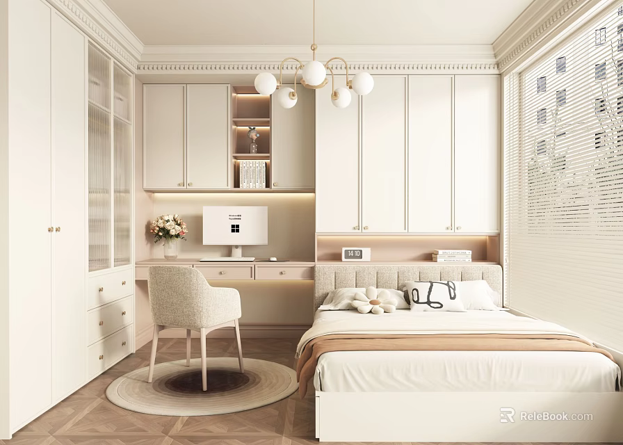 Modern Minimalist Tatami Bedroom Interior With White Wardrobe Wooden Desk And Cozy Chair 3d model 