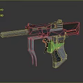 Modern Pistol Weapon With Black Body Green Red Grip And Silver Barrel Design
