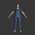 Man in Blue Scrub Suit With Face Mask Standing Arms Outstretched on Gray Background