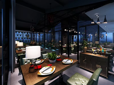 Modern Restaurant Interior With Dining Tables Chairs Hanging Lights And Green Plants 3d model