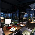 Modern Restaurant Interior With Dining Tables Chairs Hanging Lights And Green Plants