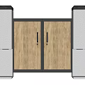 Modern Entrance Gate With Wooden Design Black Frame White Pillars And Recessed Side Lights