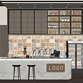 Modern Bar Counter With Stools Tile Backsplash Storage Shelves And Coffee Machine 3d model