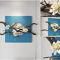 Elegant Wall Decor On White Wall With Blue Square Background Branches And White Flowers 3d model