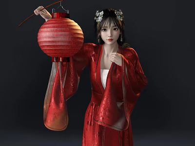 Woman in Red Traditional Dress Holding Red Lantern with Floral Hair Accessories 3d model