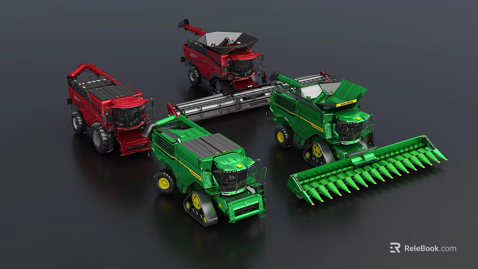 Green And Red Agricultural Functional Harvesters With Cutting Equipment And Wheels 3d model 