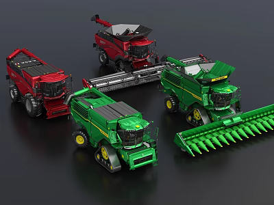 Green And Red Agricultural Functional Harvesters With Cutting Equipment And Wheels 3d model