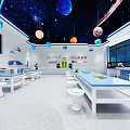 School Modern Science Lab Interior With Starry Sky Ceiling Planet Models Blue Circular Floor And Robot 3d model