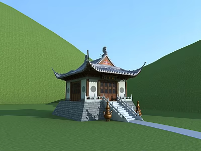 Ancient Chinese Architecture Featuring Traditional Upturned Eaves Roof Stone Steps Stone Lions In Green Hills 3d model