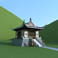 Ancient Chinese Architecture Featuring Traditional Upturned Eaves Roof Stone Steps Stone Lions In Green Hills
