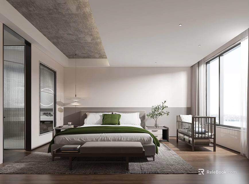Modern Bedroom Interior With Bed Green Pillows Pendant Lamp Gray Ceiling And Large Windows 3d model 