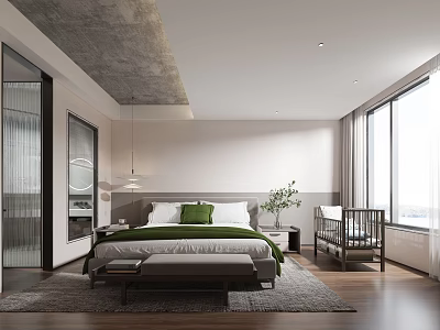 Modern Bedroom Interior With Bed Green Pillows Pendant Lamp Gray Ceiling And Large Windows 3d model