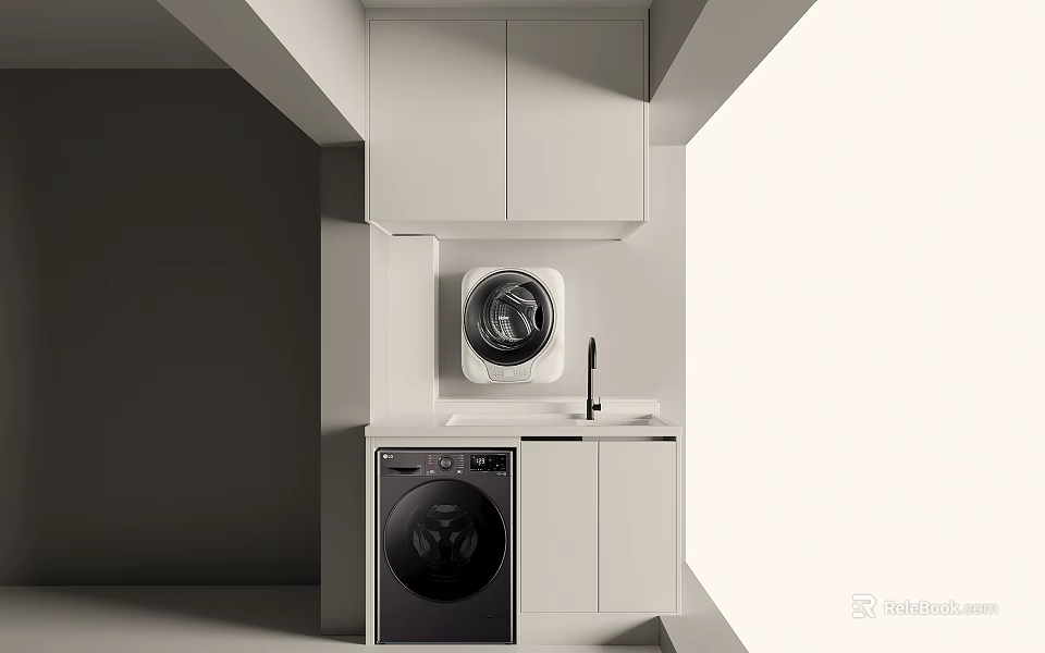 Sleek Modern Balcony Cabinet Design With Washing Machine And Sink Storage 3d model 