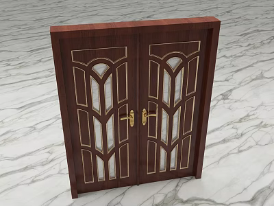 Elegant Wooden Double Doors With Gold Accent Lines And Arched Glass Design 3d model