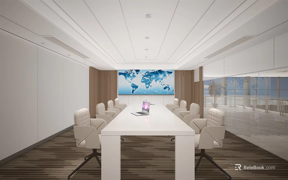 Modern Conference Room With Long White Table Laptop White Chairs And World Map 3d model 