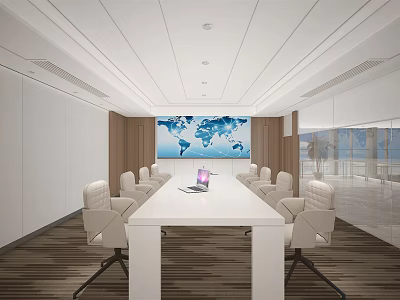 Modern Conference Room With Long White Table Laptop White Chairs And World Map 3d model