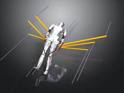 Silver Robot Character With Spider-like Yellow And White Lines On Dark Reflective Surface 3d model