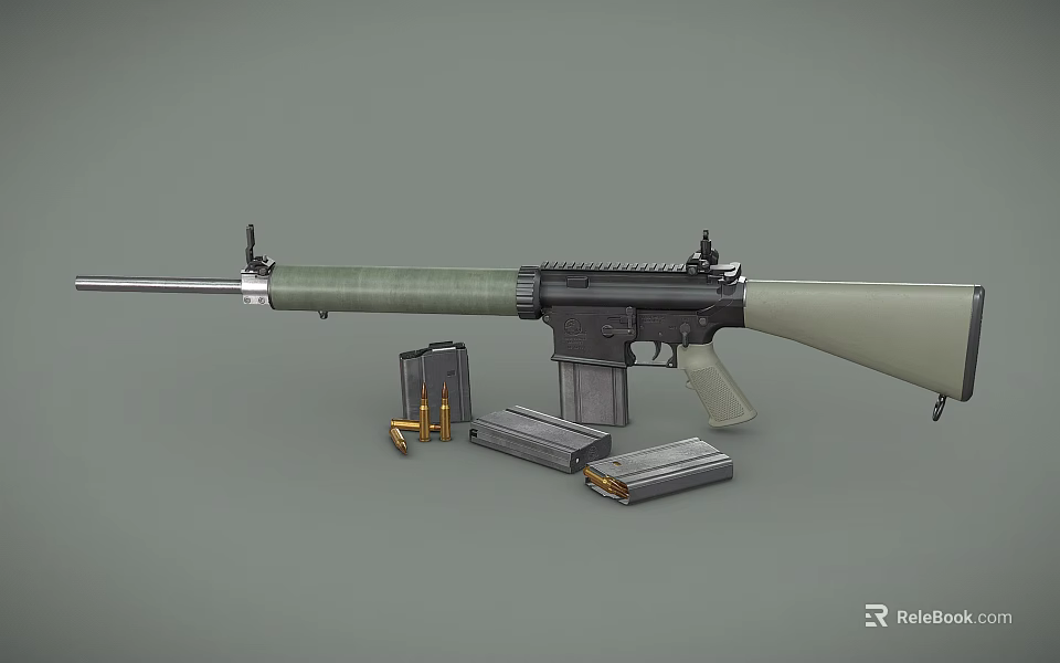 Military Rifle With Green Stock Black Components Magazines And Bullets On Gray Surface 3d model 