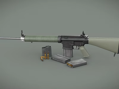 Military Rifle With Green Stock Black Components Magazines And Bullets On Gray Surface 3d model