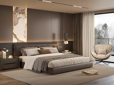 Modern Bedroom Interior With Leather Headboard Bed Nightstand Lamp Curtains Rug And Accent Chair 3d model