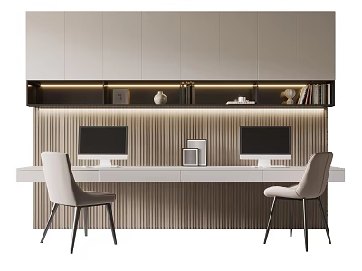 Modern Home Office Desk With Two Computers Chairs Striped Wall And Storage Cabinets 3d model